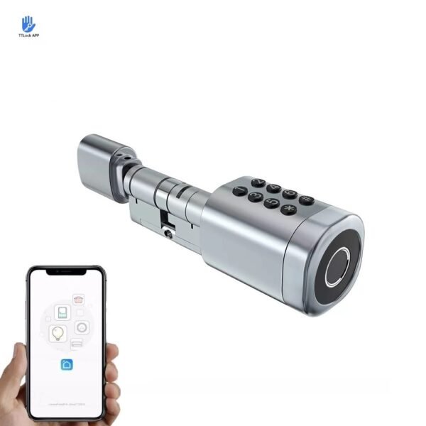 Sidabrinis išmanusis EURO cilindras TTLOCK su LED klaviatūra ir Bluetooth ryšiu, valdomas išmaniuoju telefonu per TTLock programėlę.