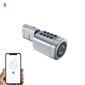 Sidabrinės spalvos Bluetooth valdomas cilindro tipo TTLOCK užraktas su LED apšviesta skaitmenine klaviatūra, skirtas ASSA 565 tipo spynoms, valdomas išmaniuoju telefonu.