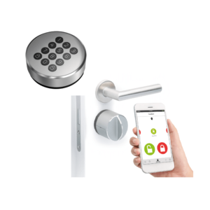 Danalock Bluetooth V3 Scandi išmani spyna su PIN klaviatūra, montuojama ant durų, valdoma telefonu per Bluetooth ryšį.
