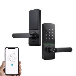 Išmanioji durų rankena iNOVO HV15B DIN, juodos spalvos, su lietimui jautriu PIN kodų įvedimo paviršiumi, pirštų atspaudo skaitytuvu ir valdymu per mobilųjį telefoną.