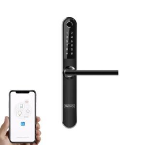 Išmanioji durų rankena iNOVO (IP55 atsparumas vandeniui), juodos spalvos, su Bluetooth valdymu ir mobiliąja programėle.