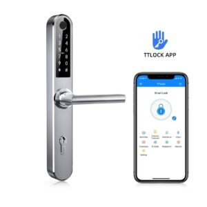 Išmanioji durų rankena iNOVO (IP55 atsparumas vandeniui), sidabrinės spalvos, su TTLock mobiliąja programėle ir Bluetooth valdymu.