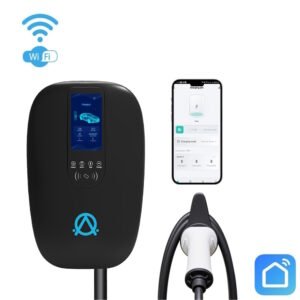 Juoda INOVISION išmanioji elektromobilių įkrovimo stotelė su 5 metrų Type 2 kabeliu, spalvotu LCD ekranu ir Wi-Fi funkcija, skirta 22 kW galios įkrovimui.