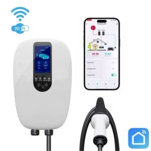 Išmanioji elektromobilio įkrovimo stotelė INOVISION Type2 su galios balansavimu, 22kW, 5 metrų kabeliu, balta spalva, su LCD ekranu ir Wi-Fi valdymu.