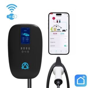 Juoda INOVISION elektromobilių įkrovimo stotelė su 11 kW galia, 5 metrų Type 2 kabeliu, spalvotu LCD ekranu ir DLB galios balansavimo moduliu, skirta išmaniam įkrovimui.