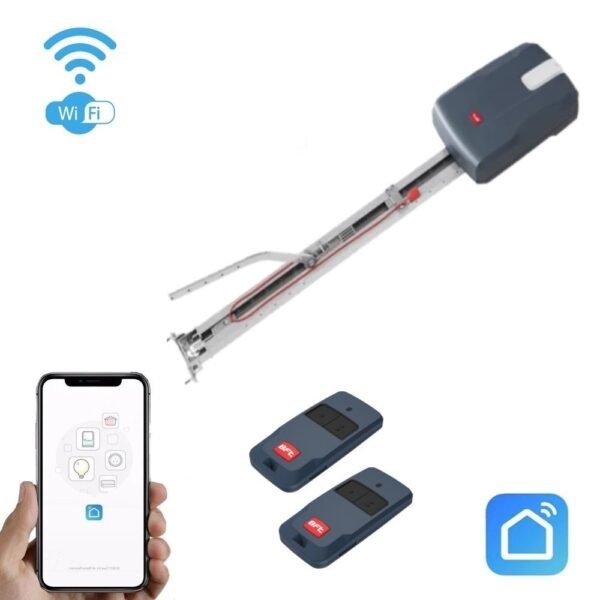 BFT garažo durų automatikos komplektas su Wi-Fi valdymu, bėgeliu montuojamu varikliu, dviem nuotolinio valdymo pulteliais ir suderinamumu su išmaniuoju telefonu