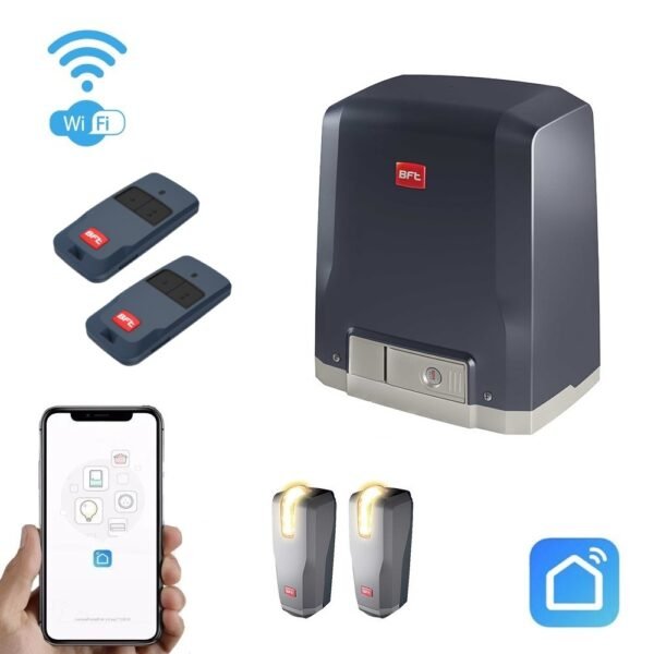 BFT stumdomų vartų automatikos komplektas su Wi-Fi valdymu, dviem nuotolinio valdymo pulteliais, išmaniuoju telefonu ir saugos jutikliais