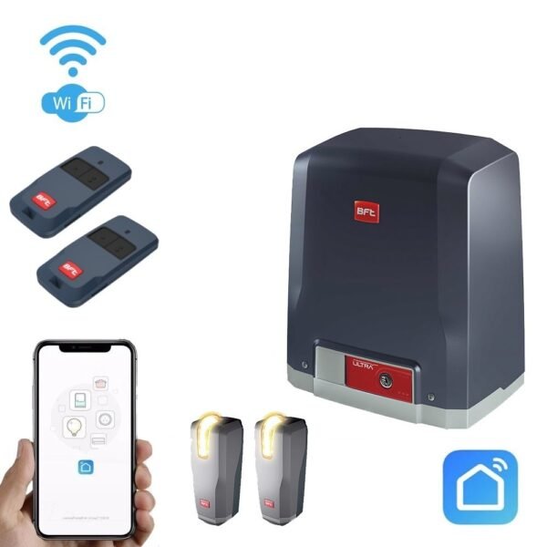 BFT Deimos ULTRA BT A600 stumdomų vartų autmatikos komplektas su Wi-Fi valdymu, dviem nuotolinio valdymo pulteliais, valdymu telefonu ir LED apšviestais fotoelementais