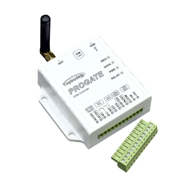 GSM automatinis vartų valdiklis PROGATE su 2G/4G/LTE ryšiu ir antena – išmanus įrenginys iki 800 vartotojų